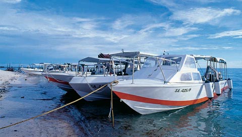 Sipadan-Mabul Resort dive boats moored at the beach, Mabul Island